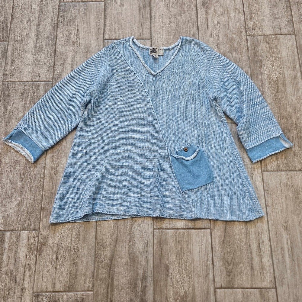 Habitat Sweater Women XL Blue Mixed Knit V-Neck 3/4 Sleeve Lagenlook Top